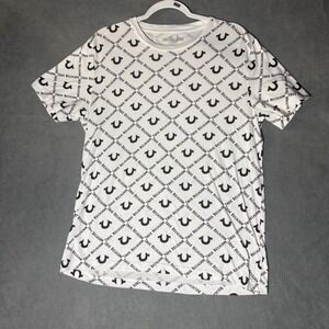True Religion Mens All Over Logo Print T-Shirt White Horseshoe Tagged L Fits M